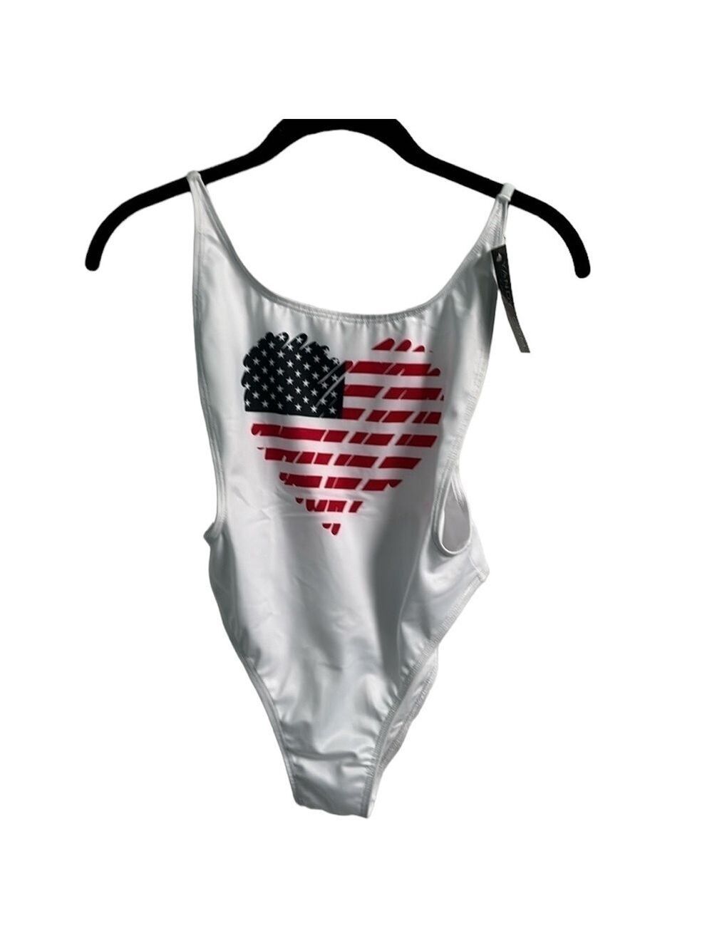 YMI US Flag Heart One Piece Swimsuit Bright White Size Small NWT